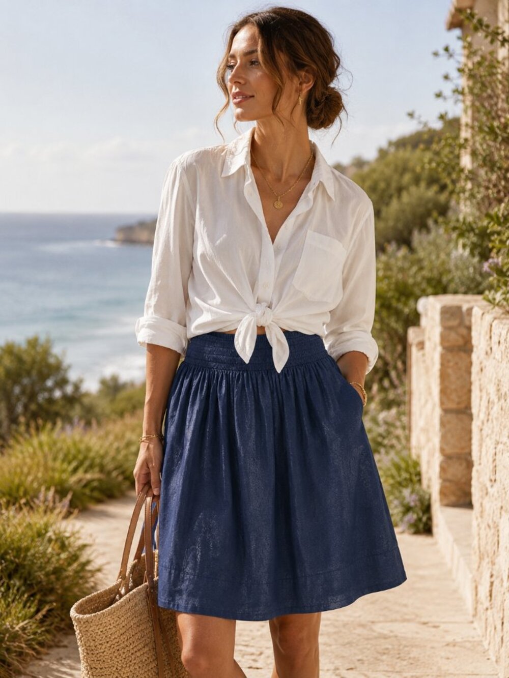 Talbots Navy 100% Silk Smocked Mini Skirt S Minimalist Coastal Quiet Luxury EUC